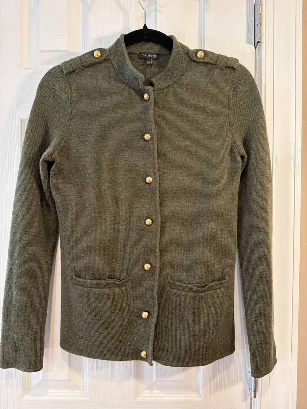 Talbots XS Olive Green Military Cardigan Jacket Wool Gold Buttons Epaulettes